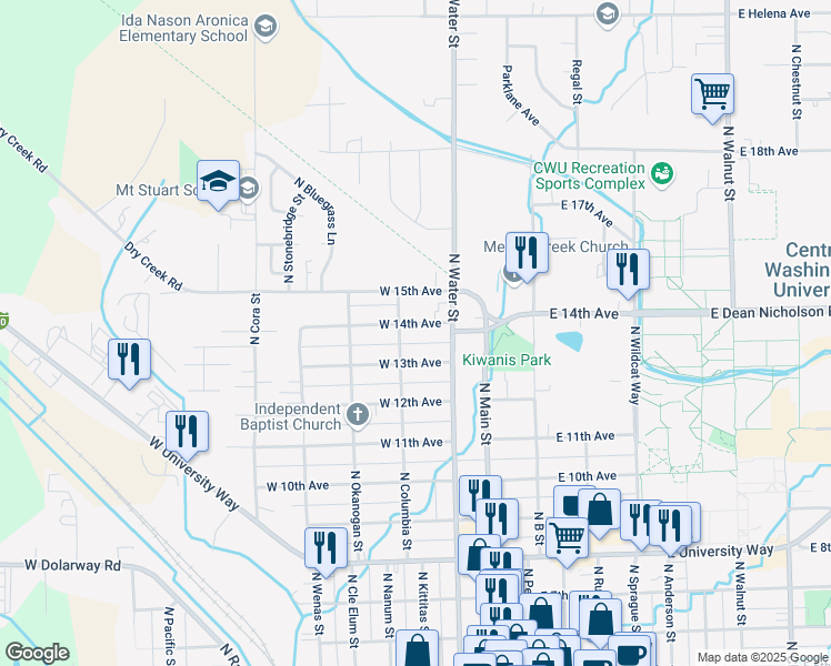 map of restaurants, bars, coffee shops, grocery stores, and more near 310 West 14th Avenue in Ellensburg