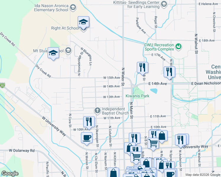 map of restaurants, bars, coffee shops, grocery stores, and more near 314 West 14th Avenue in Ellensburg