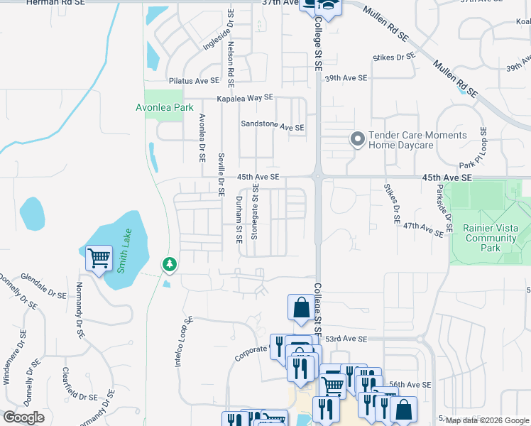 map of restaurants, bars, coffee shops, grocery stores, and more near 4652 Rochelle Street Southeast in Lacey