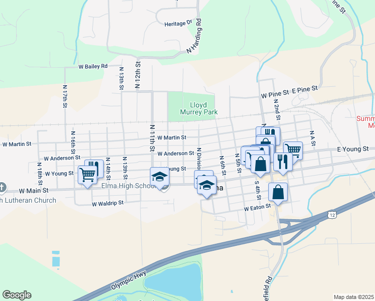 map of restaurants, bars, coffee shops, grocery stores, and more near 820 W Anderson St in Elma