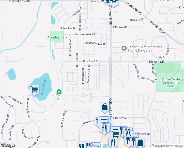 map of restaurants, bars, coffee shops, grocery stores, and more near 4652 Rochelle Street Southeast in Lacey