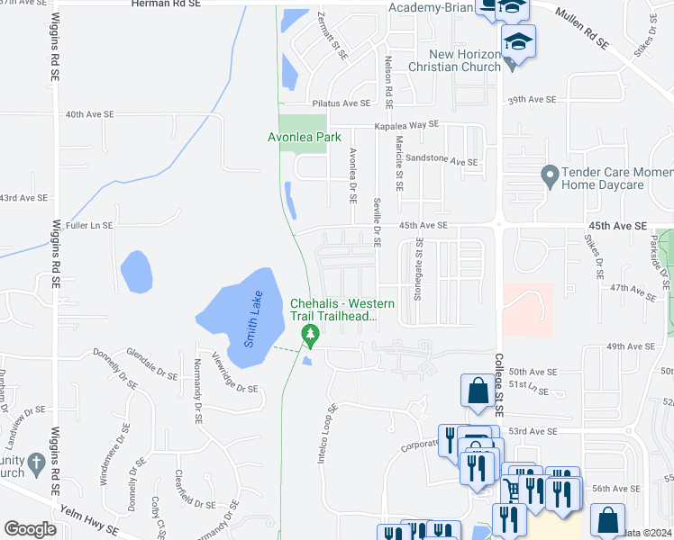 map of restaurants, bars, coffee shops, grocery stores, and more near 4607 Springfield Lane Southeast in Lacey