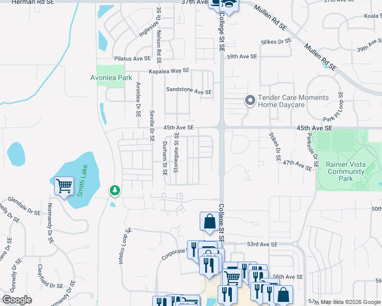 map of restaurants, bars, coffee shops, grocery stores, and more near 4652 Rochelle Street Southeast in Lacey