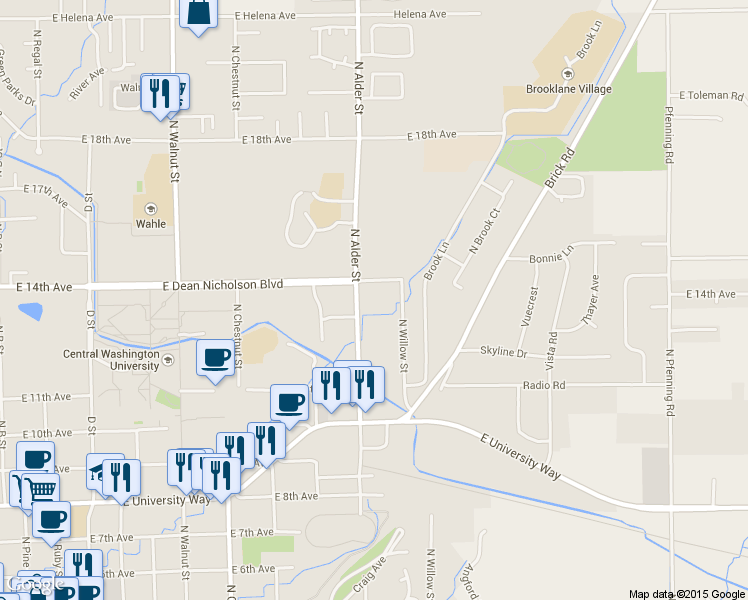 map of restaurants, bars, coffee shops, grocery stores, and more near 1304 N Alder St in Ellensburg