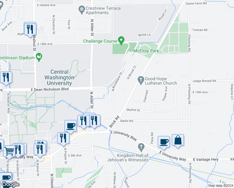map of restaurants, bars, coffee shops, grocery stores, and more near 1304 North Brooklane Street in Ellensburg
