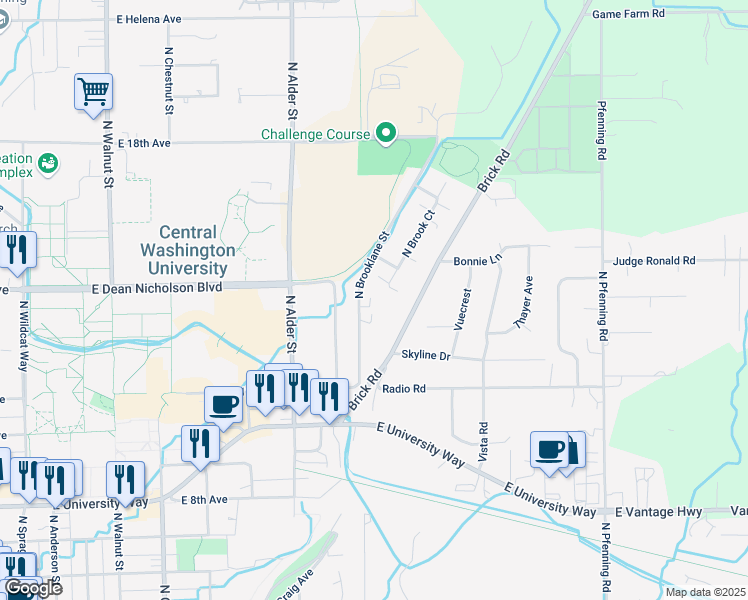 map of restaurants, bars, coffee shops, grocery stores, and more near 1308 North Brooklane Street in Ellensburg