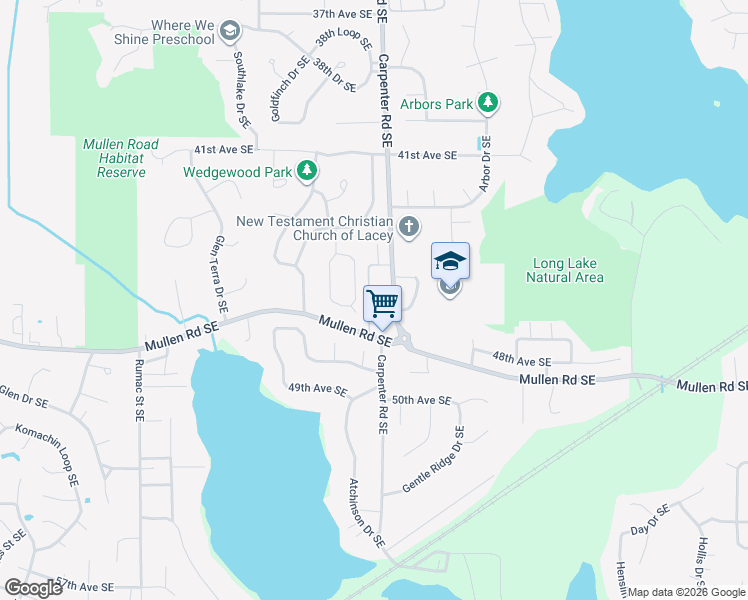 map of restaurants, bars, coffee shops, grocery stores, and more near 7436 Mullen Road Southeast in Lacey
