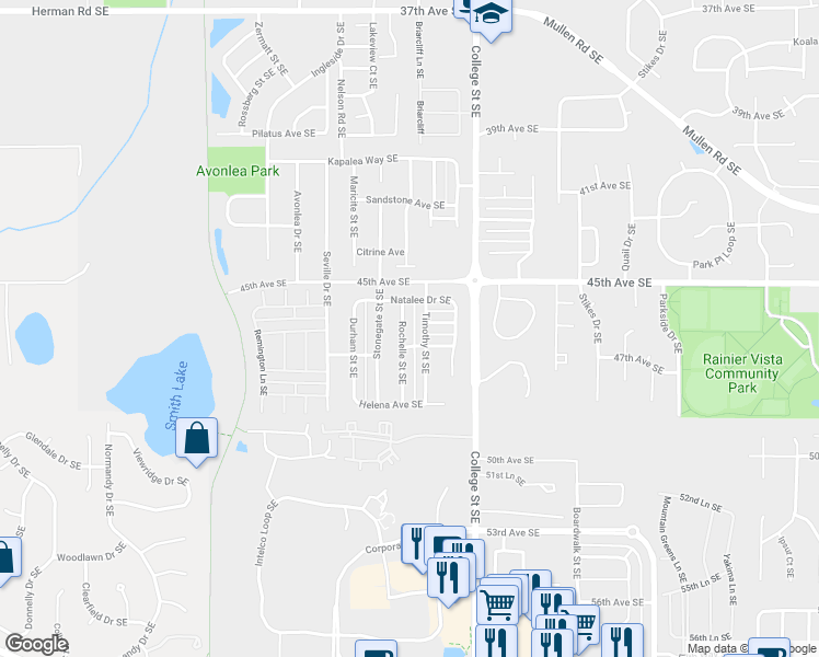 map of restaurants, bars, coffee shops, grocery stores, and more near 4634 Rochelle Street Southeast in Lacey