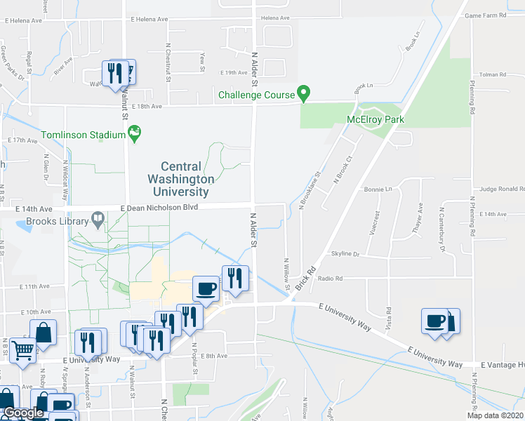 map of restaurants, bars, coffee shops, grocery stores, and more near 1304 North Alder Street in Ellensburg