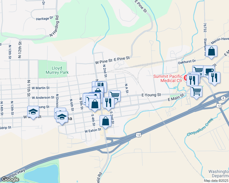 map of restaurants, bars, coffee shops, grocery stores, and more near 106 West Young Street in Elma
