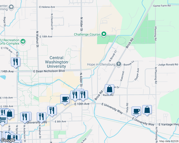 map of restaurants, bars, coffee shops, grocery stores, and more near 1304 North Alder Street in Ellensburg