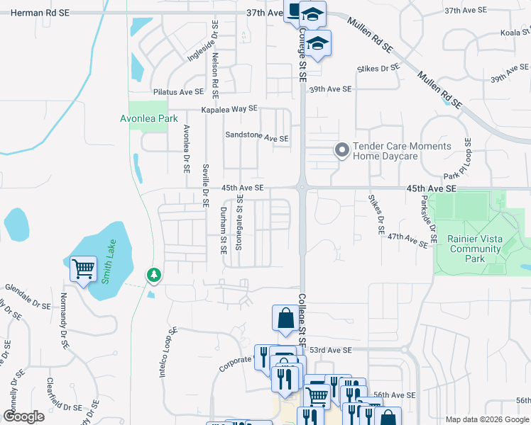 map of restaurants, bars, coffee shops, grocery stores, and more near 4561 Timothy Street Southeast in Lacey