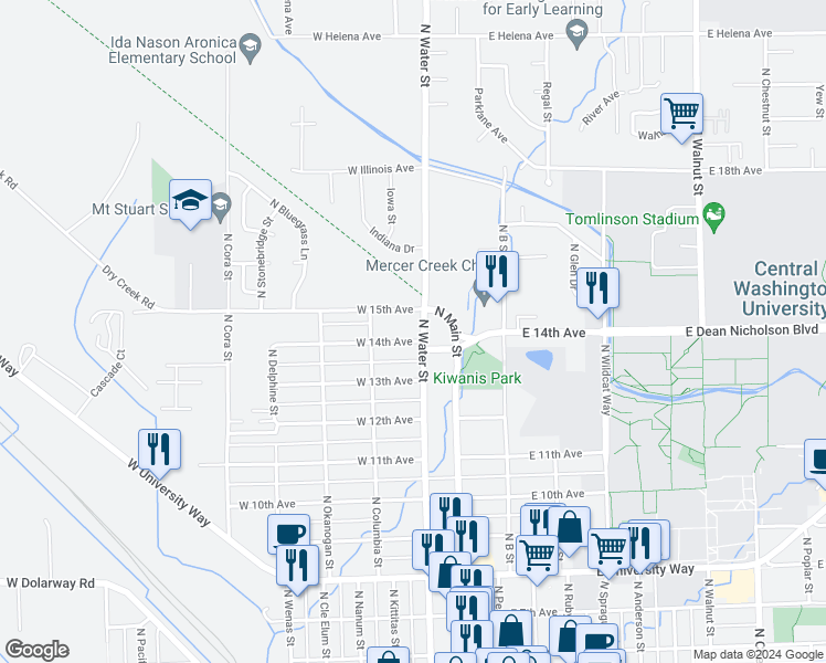 map of restaurants, bars, coffee shops, grocery stores, and more near 1307 North Water Street in Ellensburg