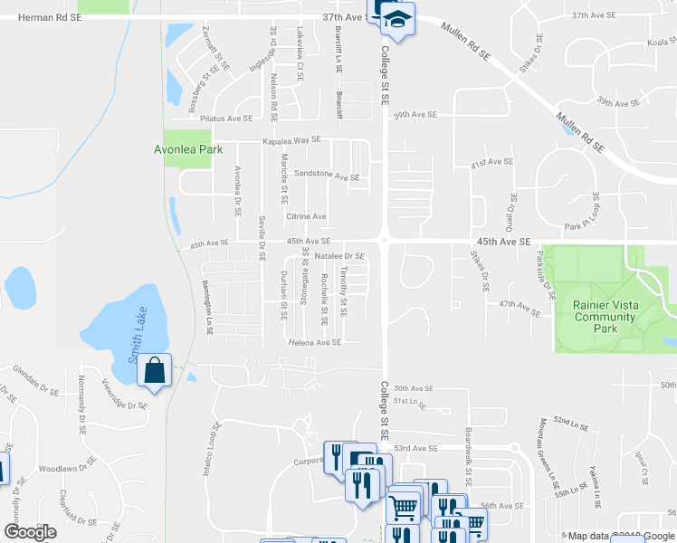 map of restaurants, bars, coffee shops, grocery stores, and more near 4652 Rochelle Street Southeast in Lacey