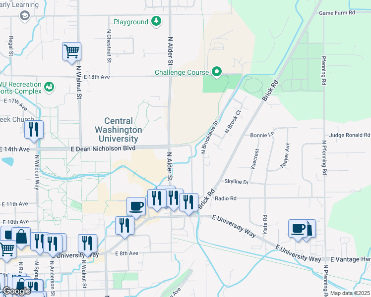 map of restaurants, bars, coffee shops, grocery stores, and more near 206 East 14th Avenue in Ellensburg
