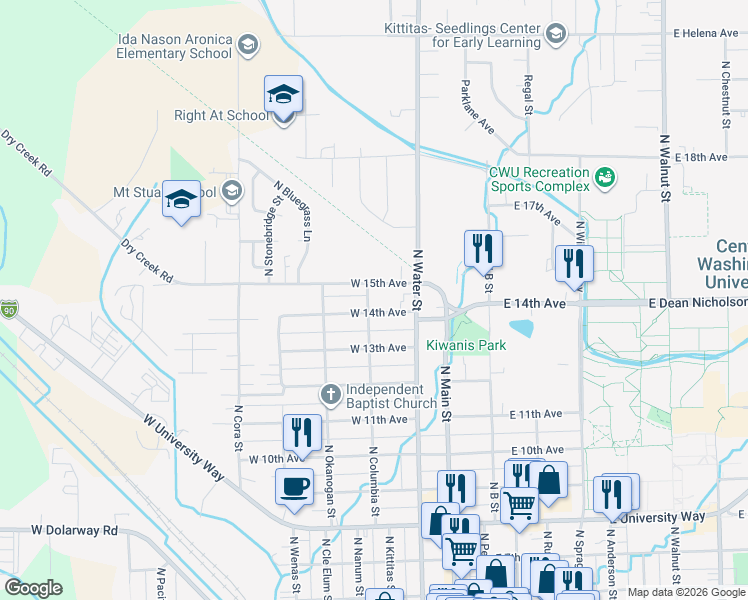 map of restaurants, bars, coffee shops, grocery stores, and more near 314 West 14th Avenue in Ellensburg