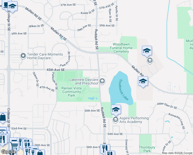 map of restaurants, bars, coffee shops, grocery stores, and more near 4640 Ruddell Road Southeast in Lacey