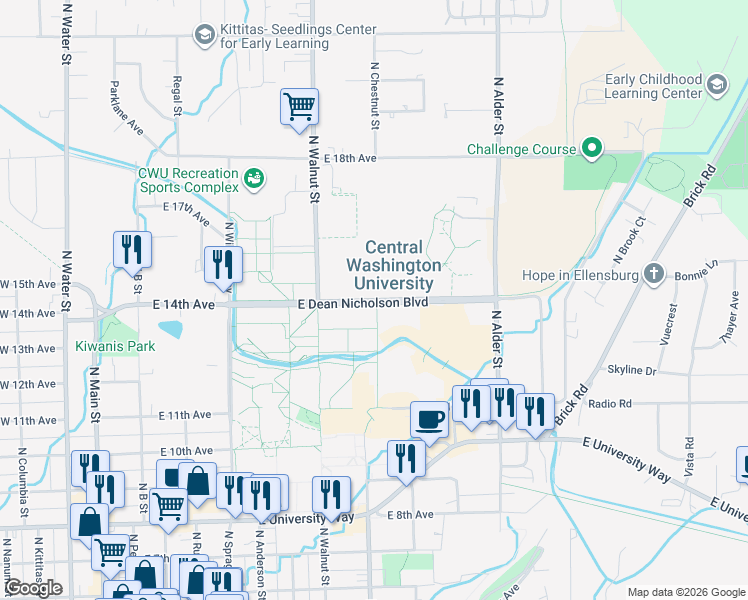 map of restaurants, bars, coffee shops, grocery stores, and more near East Dean Nicholson Boulevard in Ellensburg