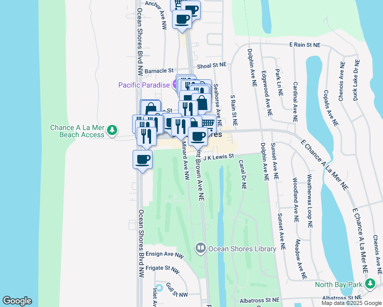 map of restaurants, bars, coffee shops, grocery stores, and more near 105 West Chance a La Mer Northwest in Ocean Shores