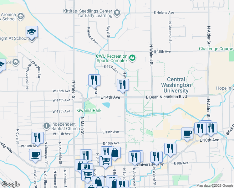 map of restaurants, bars, coffee shops, grocery stores, and more near 206 East 15th Avenue in Ellensburg