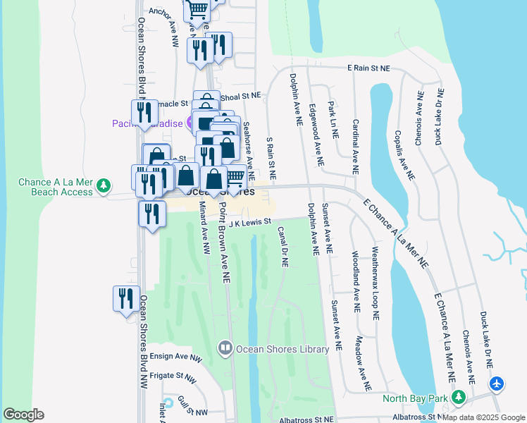 map of restaurants, bars, coffee shops, grocery stores, and more near 160 East Chance a La Mer Northeast in Ocean Shores