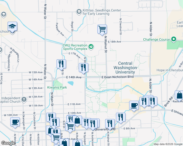 map of restaurants, bars, coffee shops, grocery stores, and more near East Dean Nicholson Boulevard in Ellensburg