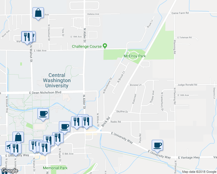 map of restaurants, bars, coffee shops, grocery stores, and more near 1500 North Brooklane Street in Ellensburg