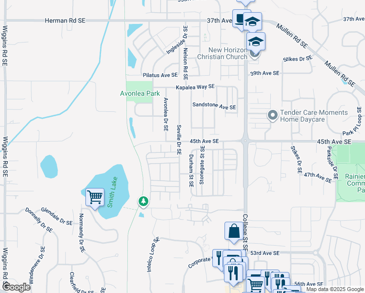 map of restaurants, bars, coffee shops, grocery stores, and more near 4502 Seville Drive Southeast in Lacey