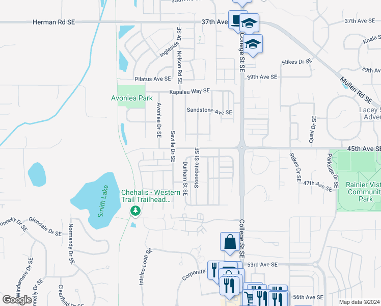 map of restaurants, bars, coffee shops, grocery stores, and more near 4508 Natalee Drive Southeast in Lacey