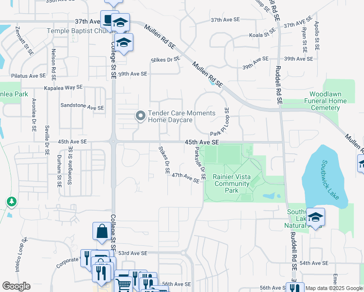 map of restaurants, bars, coffee shops, grocery stores, and more near 5013 45th Avenue Southeast in Lacey
