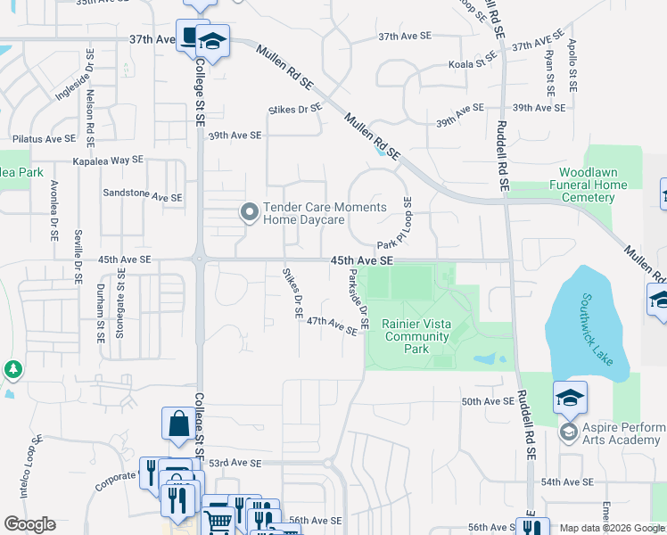 map of restaurants, bars, coffee shops, grocery stores, and more near 5025 45th Avenue Southeast in Lacey