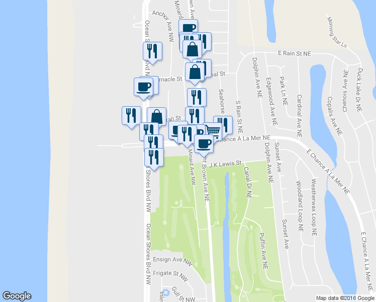 map of restaurants, bars, coffee shops, grocery stores, and more near 105 West Chance a La Mer Northwest in Ocean Shores