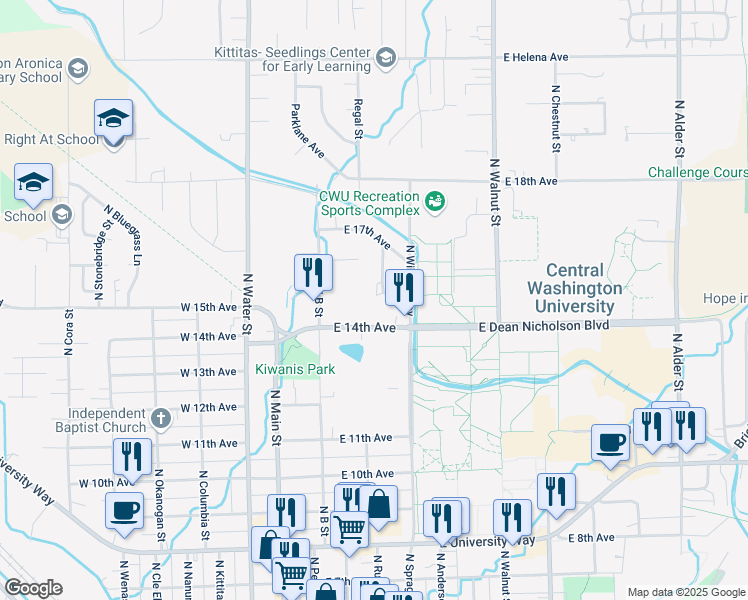 map of restaurants, bars, coffee shops, grocery stores, and more near 206 East 15th Avenue in Ellensburg