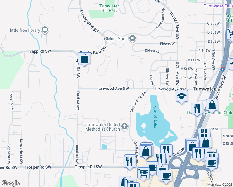 map of restaurants, bars, coffee shops, grocery stores, and more near 140 45th Avenue Southwest in Tumwater