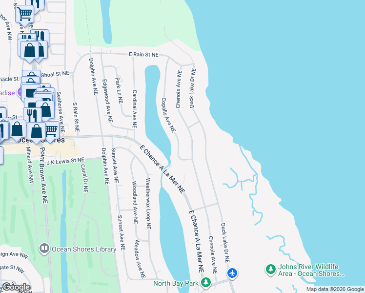 map of restaurants, bars, coffee shops, grocery stores, and more near 672 Copalis Avenue Northeast in Ocean Shores