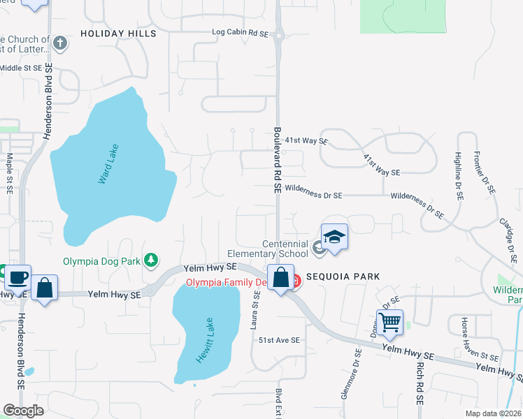 map of restaurants, bars, coffee shops, grocery stores, and more near 2506 Boulevard Heights Loop Southeast in Olympia
