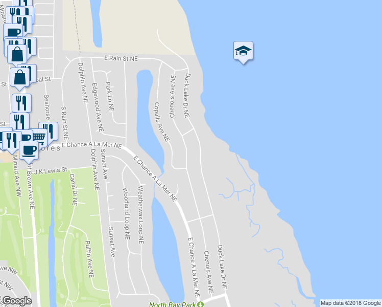 map of restaurants, bars, coffee shops, grocery stores, and more near 676 Chenois Avenue Northeast in Ocean Shores