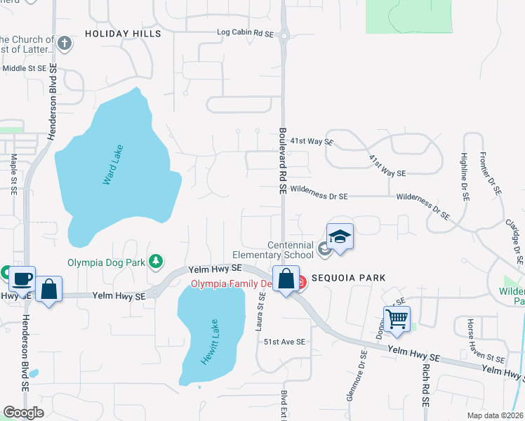 map of restaurants, bars, coffee shops, grocery stores, and more near 2506 Boulevard Heights Loop Southeast in Olympia