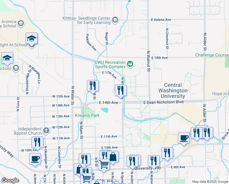 map of restaurants, bars, coffee shops, grocery stores, and more near 1501 North Glen Drive in Ellensburg