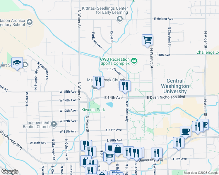 map of restaurants, bars, coffee shops, grocery stores, and more near 1508 North B Street in Ellensburg