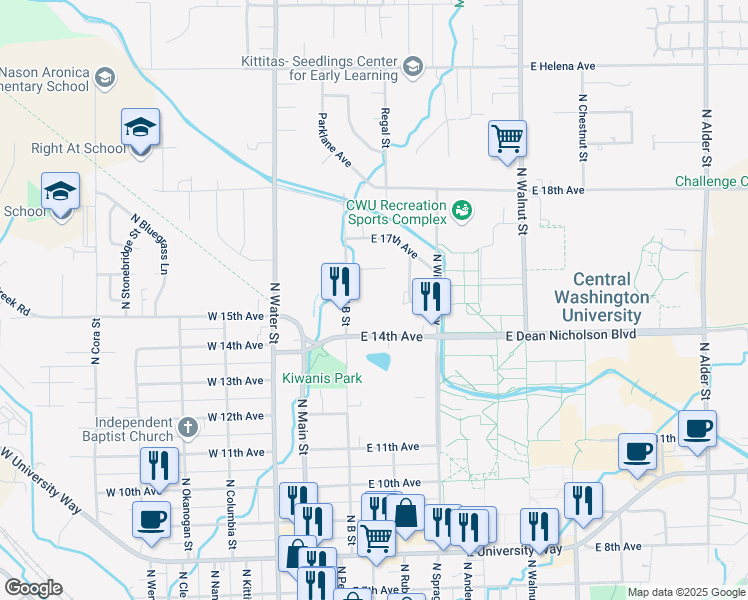 map of restaurants, bars, coffee shops, grocery stores, and more near 1508 North B Street in Ellensburg