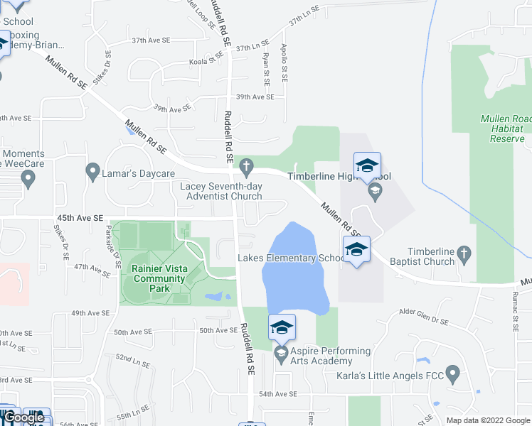 map of restaurants, bars, coffee shops, grocery stores, and more near 4500 Ruddell Road Southeast in Lacey