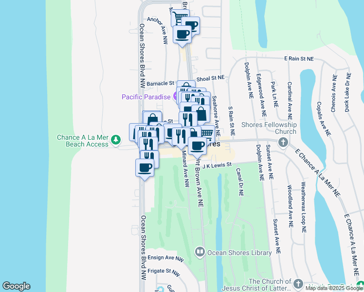 map of restaurants, bars, coffee shops, grocery stores, and more near 131 W Chance a La Mer NW in Ocean Shores