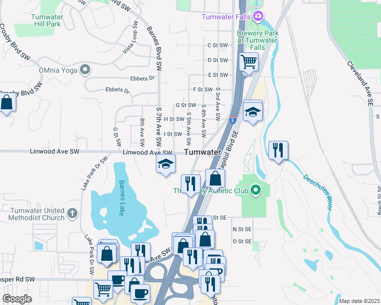 map of restaurants, bars, coffee shops, grocery stores, and more near in Tumwater