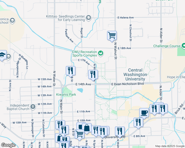 map of restaurants, bars, coffee shops, grocery stores, and more near 1503 North Wildcat Way in Ellensburg