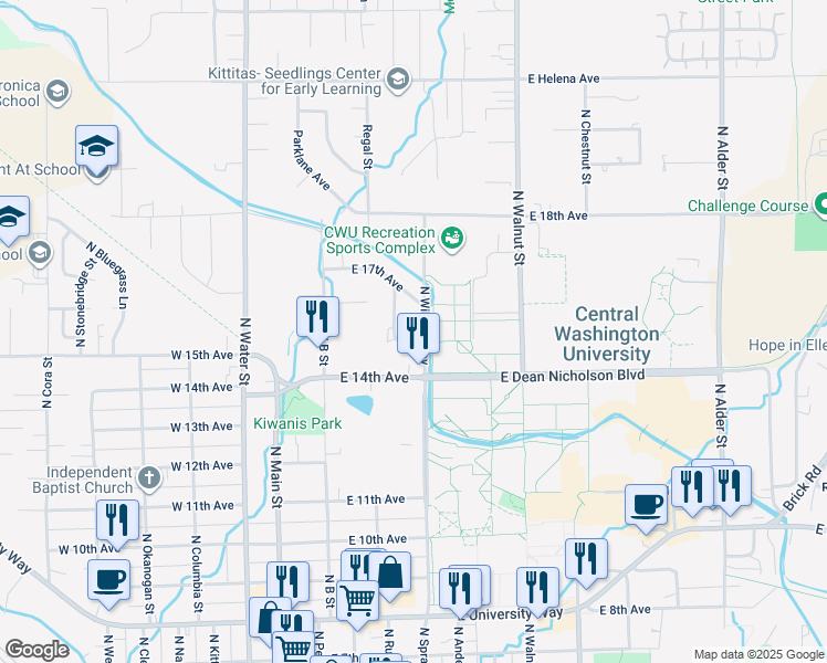 map of restaurants, bars, coffee shops, grocery stores, and more near 1503 North Wildcat Way in Ellensburg