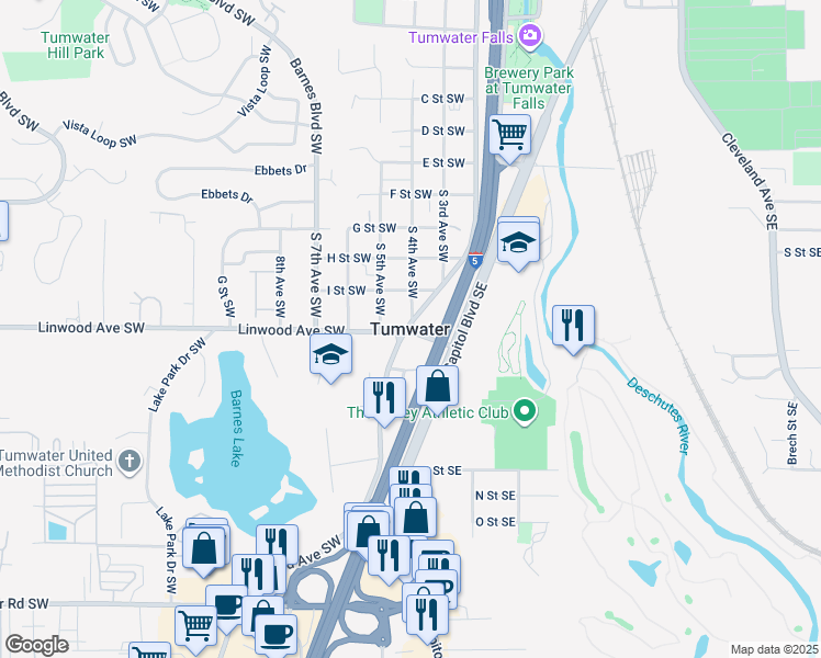 map of restaurants, bars, coffee shops, grocery stores, and more near in Tumwater