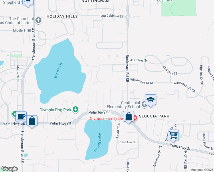 map of restaurants, bars, coffee shops, grocery stores, and more near 4415 Covey Street Southeast in Olympia