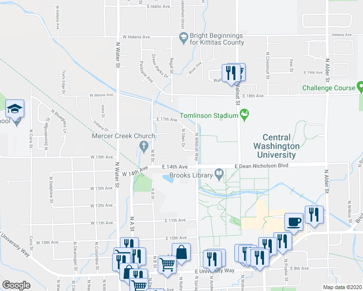 map of restaurants, bars, coffee shops, grocery stores, and more near 1509 North Glen Drive in Ellensburg
