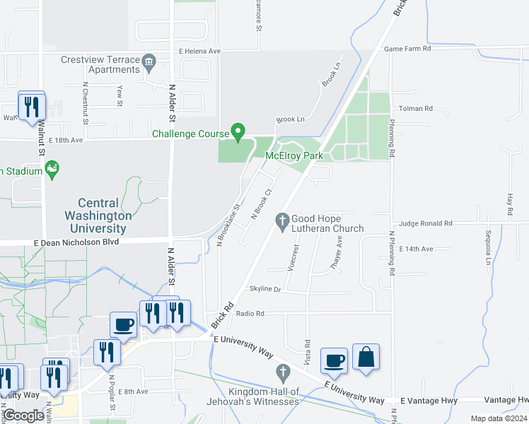 map of restaurants, bars, coffee shops, grocery stores, and more near 1504 North Brook Court in Ellensburg